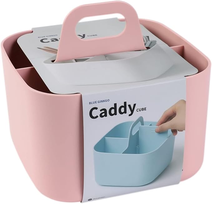 BLUE GINKGO Stackable Organizer Caddy â€“ Korean-Made Portable Tote for Bathroom, Office, Crafts, or School Supplies (Square, Pink)