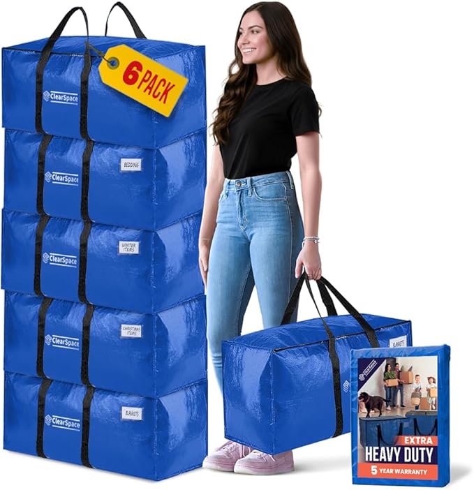 ClearSpace Heavy Duty Moving Boxes or Storage Bags â€“ Storage Bins with Lids, Large Moving Bags with Backpack Straps & Handles â€“ Moving Supplies for College Dorm or Christmas Decorations, 6 Pack