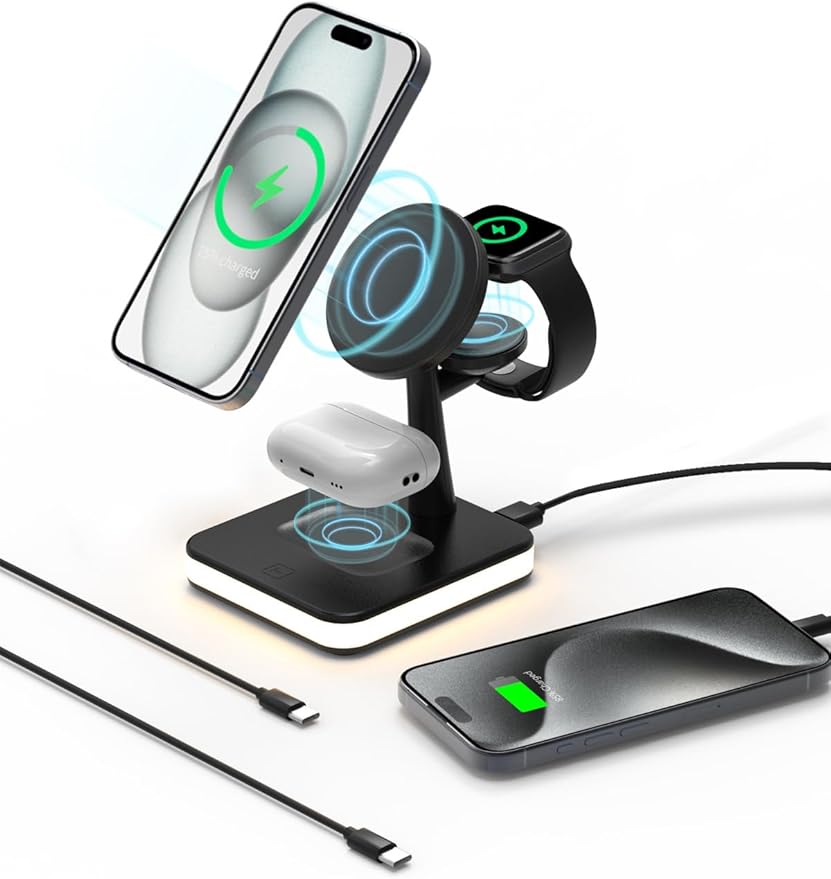 GLILAVOX 4 in 1 Wireless Charging Station with Light and 1 port usb for Apple,Magnetic Wireless Charger Stand for iPhone 16/15/14/13/12,Apple Watch Series 10/9/8/7/Ultra 2/SE 2,Air-Pods 4/3/2(Black)