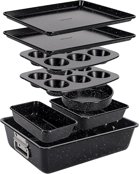 NutriChef 8-Piece Stackable Bakeware Set - Carbon Steel Non-Stick Baking Pan Set, Sheet, Muffin, Round, Loaf, Square Cake & Deep Pans, 450Â°F Heat Resistant, Standard & Convection Ovens (Black Marble)