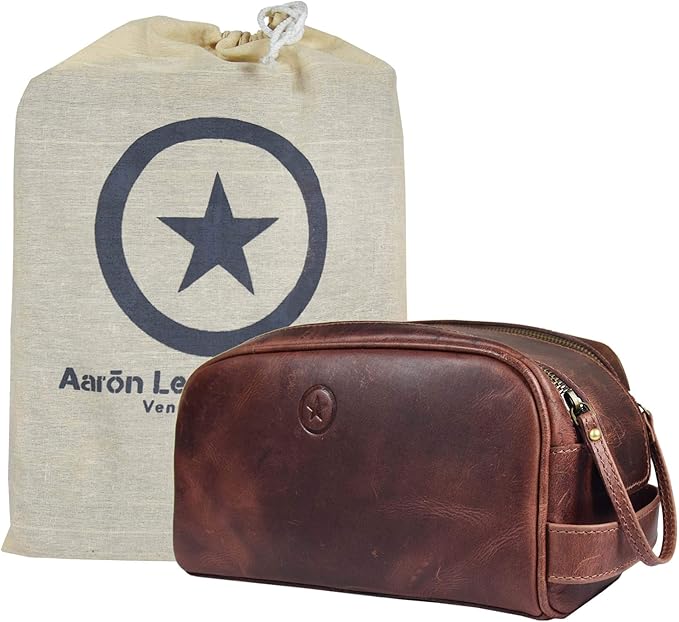 Leather Toiletry Bag for Men | Grooming Travel Kit | with Waterproof Lining | by Aaron Leather (Walnut)