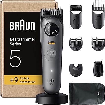 Braun Beard Trimmer Series 5, +9 Styling Tools, Ultra Sharp Blade, 120 Min Runtime, 40 Lengths, Waterproof, PrecisionWheel & Lock, BT5565, Grey