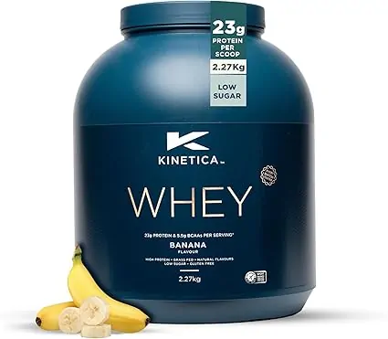 Kinetica Sports Whey Protein Powder - Banana Flavour | 23g Protein/Serve, 76 Servings/2.27Kg Pack | Gluten Free Supplement | Optimum for Muscle Growth & Recovery | Mixes Well with Water, Milk & Shakes