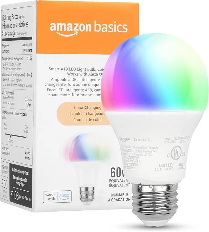 Amazon Basics Smart A19 LED Light Bulb, Color Changing, 9W (60W Equivalent), 800LM, Works with Alexa Only, 2.4 GHz Wi-Fi, No Hub Required, 1-Pack